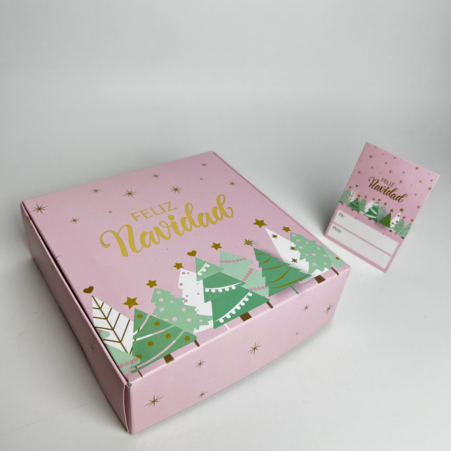 Caja 16x16x5 cm Navidad Rosada c/ Folia Dorada