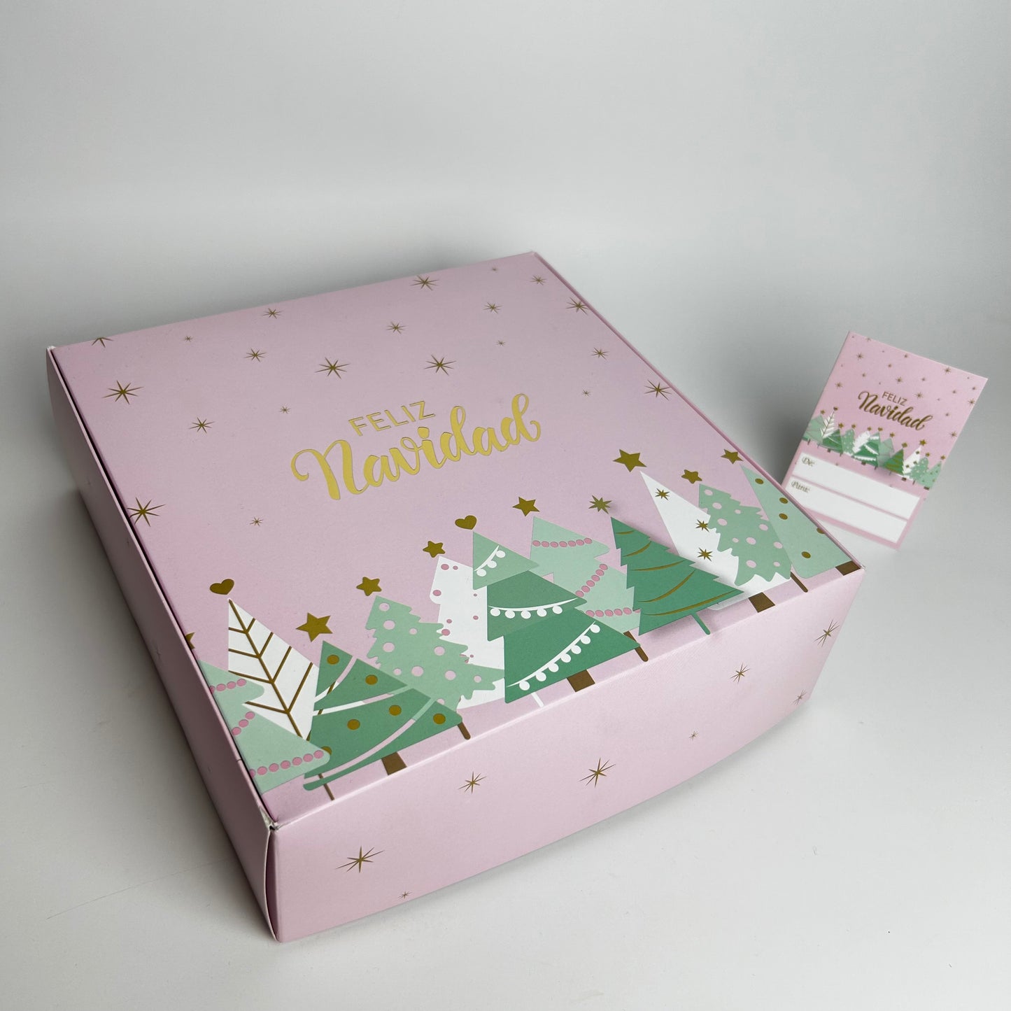 Cajas 25x25x5 cm Navidad Rosada c/ Folia Dorada