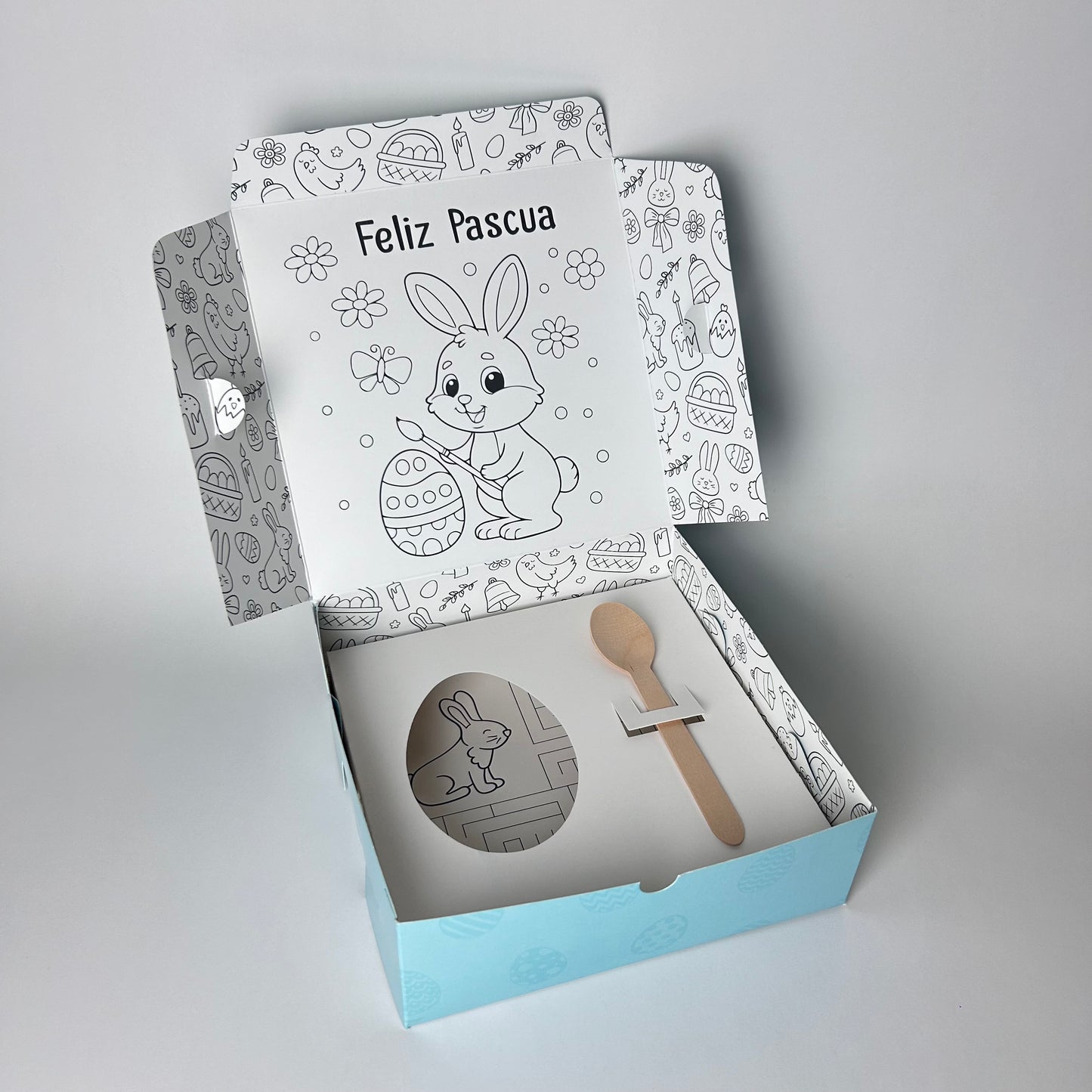 Pack Pascua - 10 cajas de 20x20x7 cm + 10 cunas para huevo de 12 a 15 cm + 10 cucharas de madera