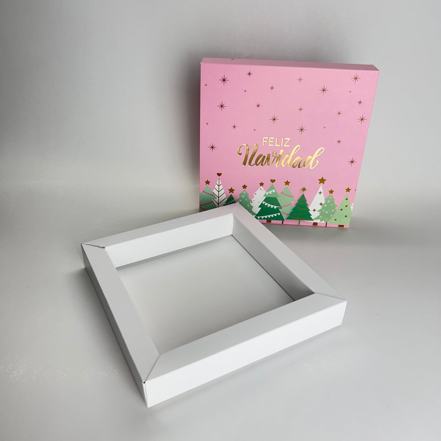 Caja Fosforera 15x15x3 cm Navidad Rosada c/ Folia Dorada