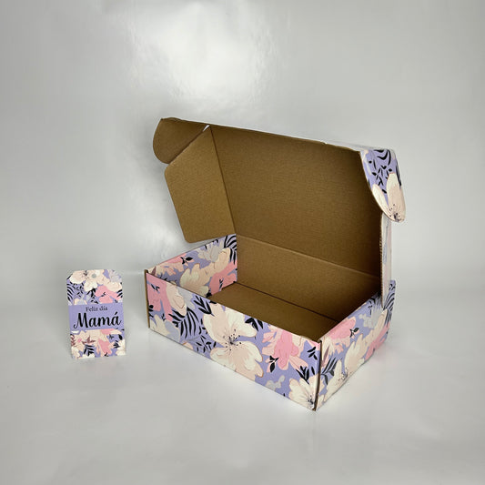 Caja 30x20x10 cm Flores Microcorrugado + Tag “Feliz día Mamá”