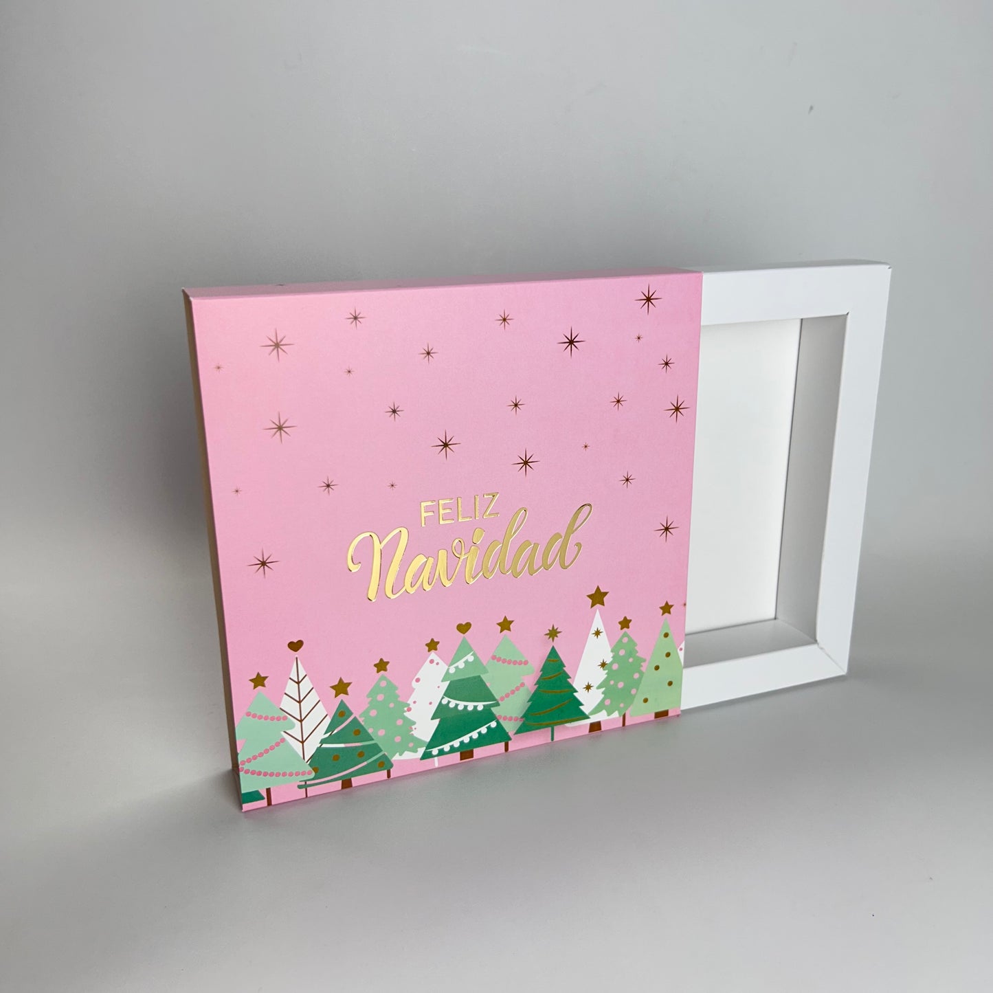 Caja Fosforera 15x15x3 cm Navidad Rosada c/ Folia Dorada